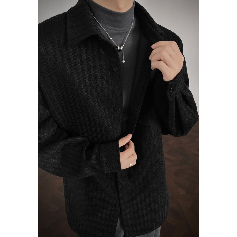 Camicia da uomo in stile retrò americano, con motivo a spina di pesce pesante, primavera autunno, di alta qualità, con colletto rovesciato_voghion.com