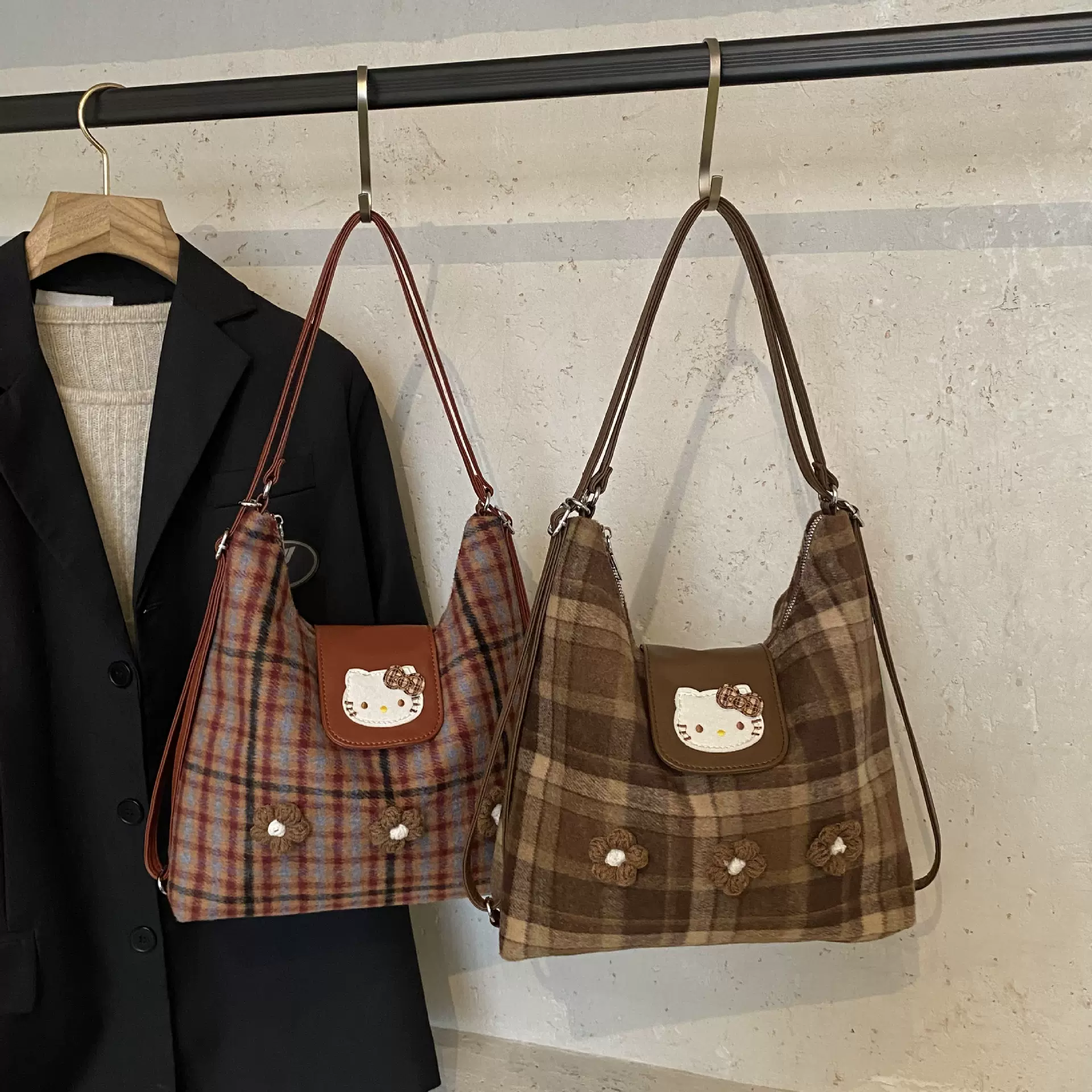 韩版复古格纹kt猫双肩包包女小众设计卡通可爱单肩斜挎包百搭背包