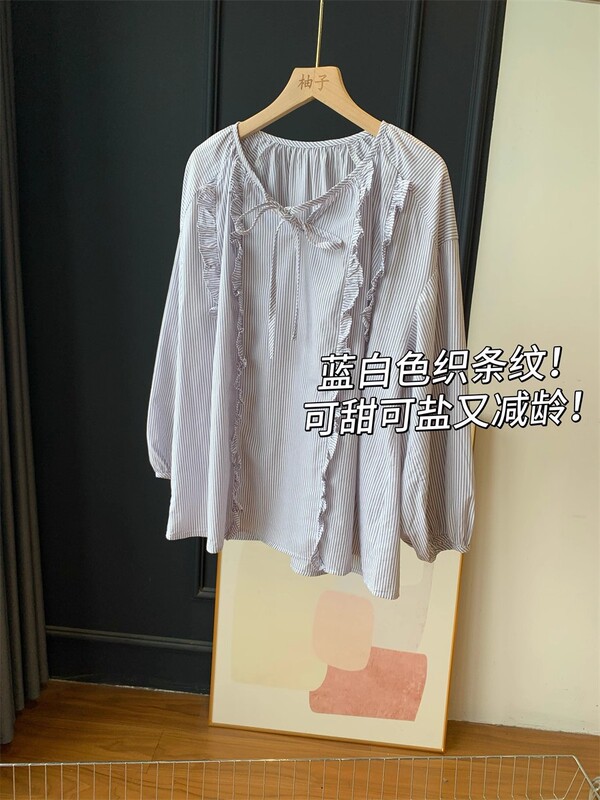 CJ981蓝白色织条纹！可甜可盐又减龄！圆领显瘦百搭衬衫小衫女25|undefined