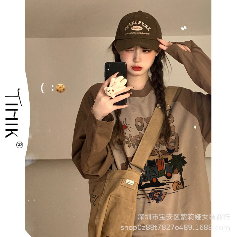 Khaki long-sleeved T-shirt sweater women's autumn American retro stitching niche design top raglan sleeve coat