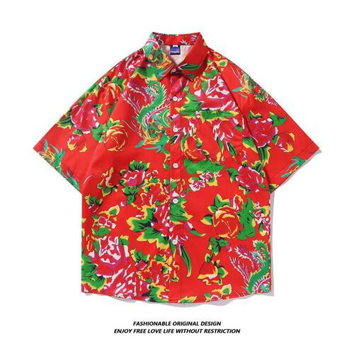 Thai Hawaii floral print men's summer thin Hong Kong style INS trendy brand cool casual fashion half sleeve shirt