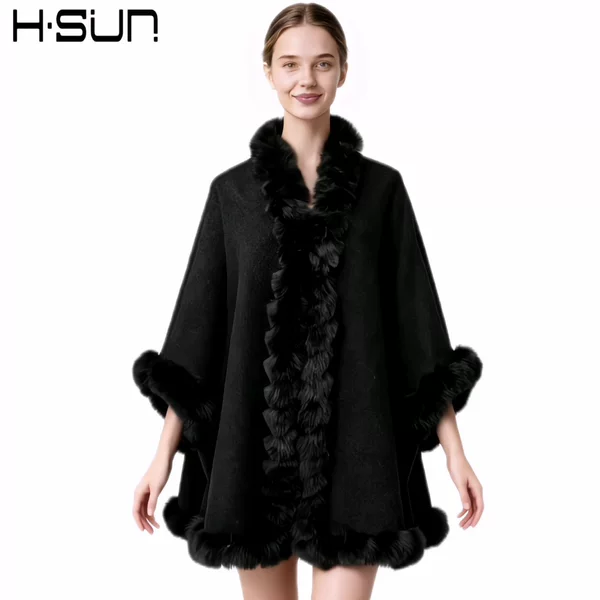 Amazon Cross-Border Autumn and Winter Shawl for Women, High-End New Style Black Faux Rabbit Fur Coat Cape, Wholesale for Foreign Trade