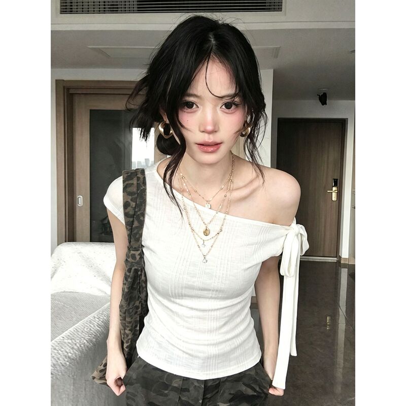 Hot Girl Pure Desire Style French Slim-Fit Bow-Tie Short-Sleeve T-Shirt for Women, Ins-Style Solid Color One-Shoulder Off-Shoulder Top Hot Girl Pure Desire Style French Slim-Fit Bow-Tie Short-Sleeve T-Shirt for Women, Ins-Style Solid Color One-Shoulder Off-Shoulder Top