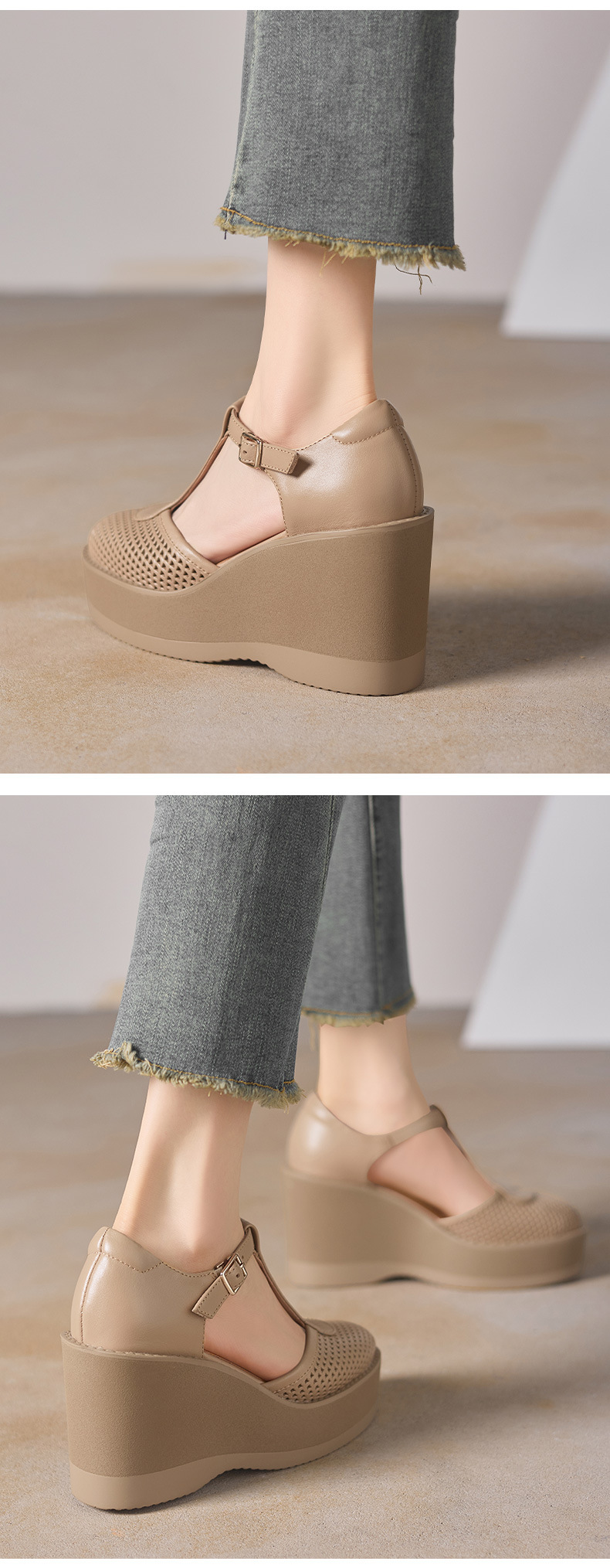 Sandal cao gót nữ đế dày 9.5 cm quai khóa chữ T phong cách tổ chim — màu trắng ngà chi tiết 4