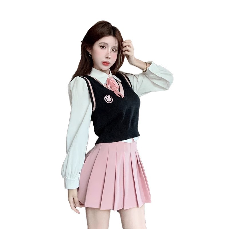 가을 겨울 미국 대학 스타일 JK 유니폼 정장 블라우스 + 니트 조끼와 주름 스커트