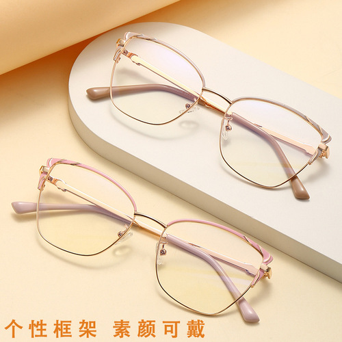 New style foreign trade internet celebrity plain face women's artistic metal cat-eye optical glasses myopia frame fashionable prescription-free glasses