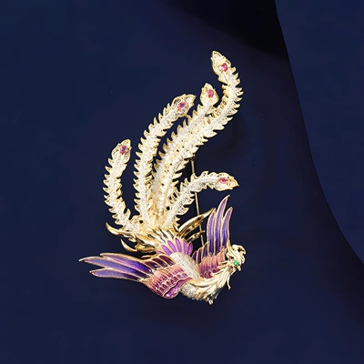 Chinese Style Qifeng Brooch, Yaxa sancaqları - purple-golden-phoenix