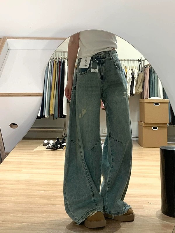 复古破洞弯刀牛仔裤女2025秋季设计感梨型微胖显瘦高腰垂感阔腿|undefined