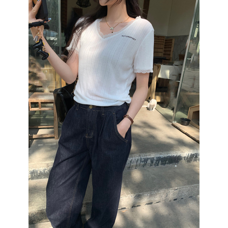 Special Offer Wholesale: Stunningly Beautiful Lace-Trimmed V-Neck Waist-Cinching Ruched Short-Sleeve T-Shirt for Women, New Summer Style