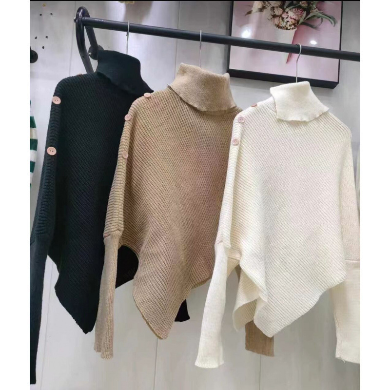 Design Shoulder Button Long Sleeve Turtleneck Sweater Women's Spring 2024 New Irregular Loose Knitted Sweater...