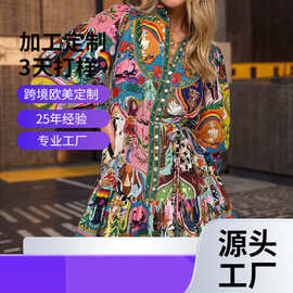 2026跨境欧美女装印花圆领收腰系带褶皱荷叶边复古百褶欧美连衣裙