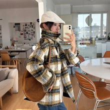 Savi~款2024秋冬休闲中长宽松橄榄绿经典大格纹拉绒毛呢外套24886