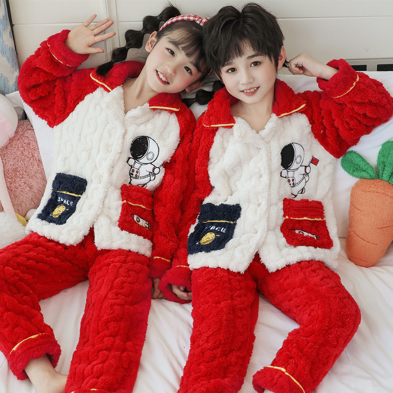 Pijamas para niños niñas de invierno y otoño de franela caliente y grueso de terciopelo de dibujos animados para niños coral terciopelo de coral ropa para el hogar