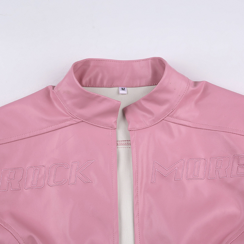 product - wholesale Locomotive Pink Letters Embroidered Faux Leather Jacket Cool Handsome Ultra Short Cuff Zipper Jacket - 10