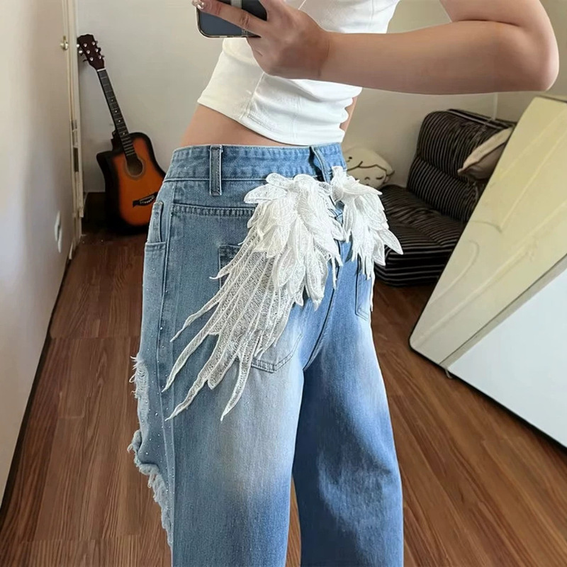 European and American Cross-Border Amazon Angel Wings Lace Floor-Length Jeans Washed Ripped Loose Straight-Leg Denim Pants European and American Cross-Border Amazon Angel Wings Lace Floor-Length Jeans Washed Ripped Loose Straight-Leg Denim Pants