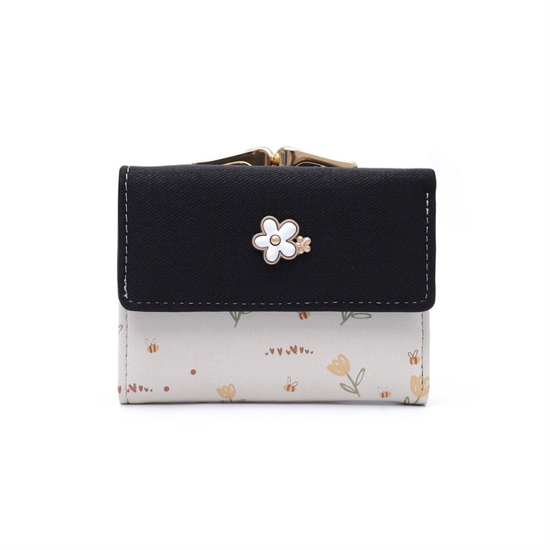 2026 New Japanese and Korean Style Short Women's Fresh Print Foldable Multifunctional Wallet Full Pu Leather Student Coin Purse