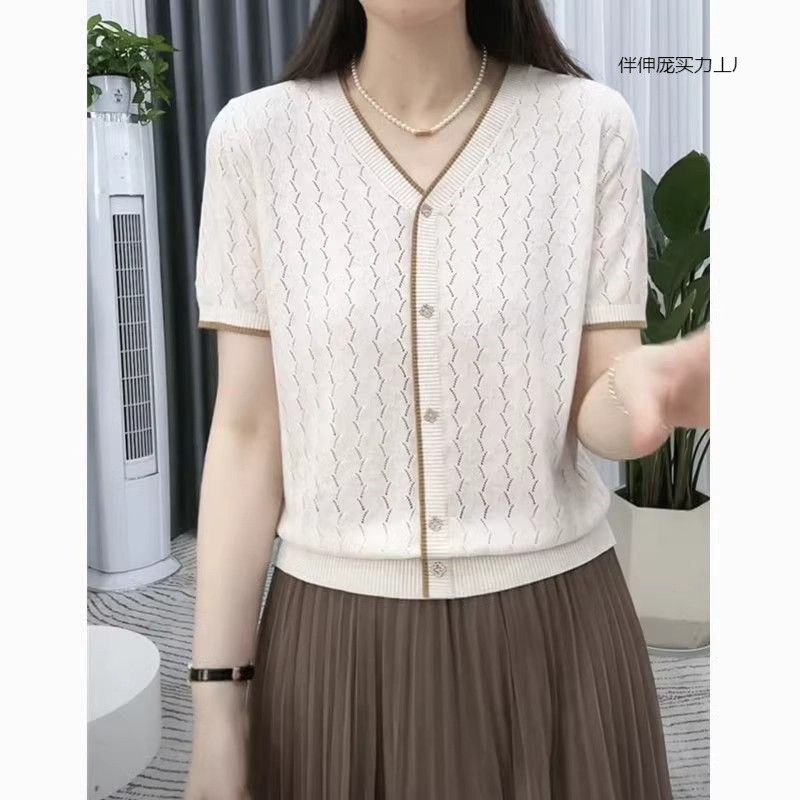 夏の新作半袖Tシャツ、甘いプルオーバー、中空セーター、おしゃれでゆったり、万能なママの薄手トップス|undefined