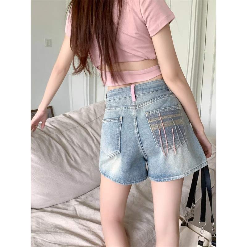 复古辣妹风牛仔短裤女夏季新款刺绣设计高腰显瘦A字宽松阔腿热裤