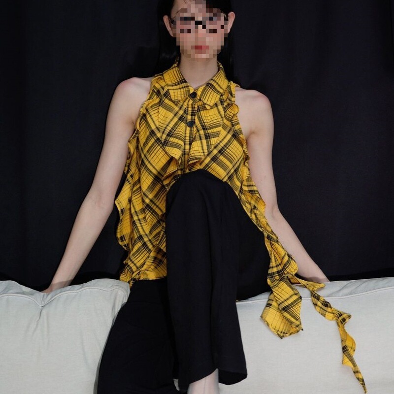 Plaid American Design Retro Sleeveless Shirt for Women Summer Ruffled Top Hot Girl Off-Shoulder Multi-Layered Vest