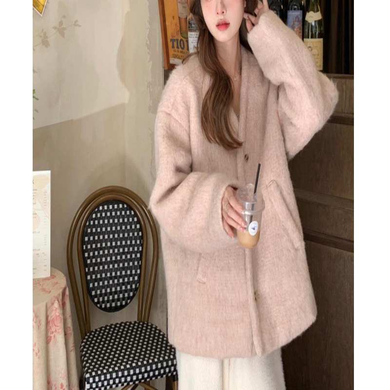 粉色呢子大衣女2024新款秋冬季高级感小个子冬天短款毛呢外套气质