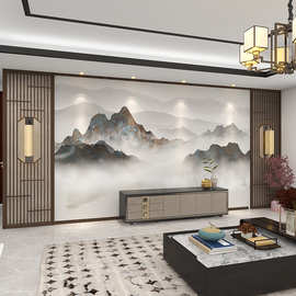 新中式水墨山水大气壁画电视背景墙壁纸客厅轻奢装饰沙发影视墙纸
