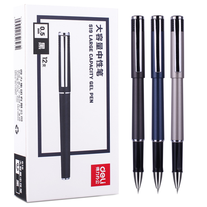 Deli S19 pluma de gel de gran capacidad textura de metal negro 0,5mm tire del tipo de tapa estudiante pluma de gel para uso de oficina