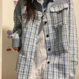 2023春装新款韩国复古宽松显瘦设计感小众格子夹克学生外套上衣女