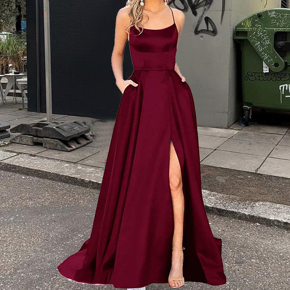 2025 color sólido vestido de dama de honor europeo y americano falda larga delgada sin tirantes novia vestido de noche de grupo de dama de honor de moda de Amazon