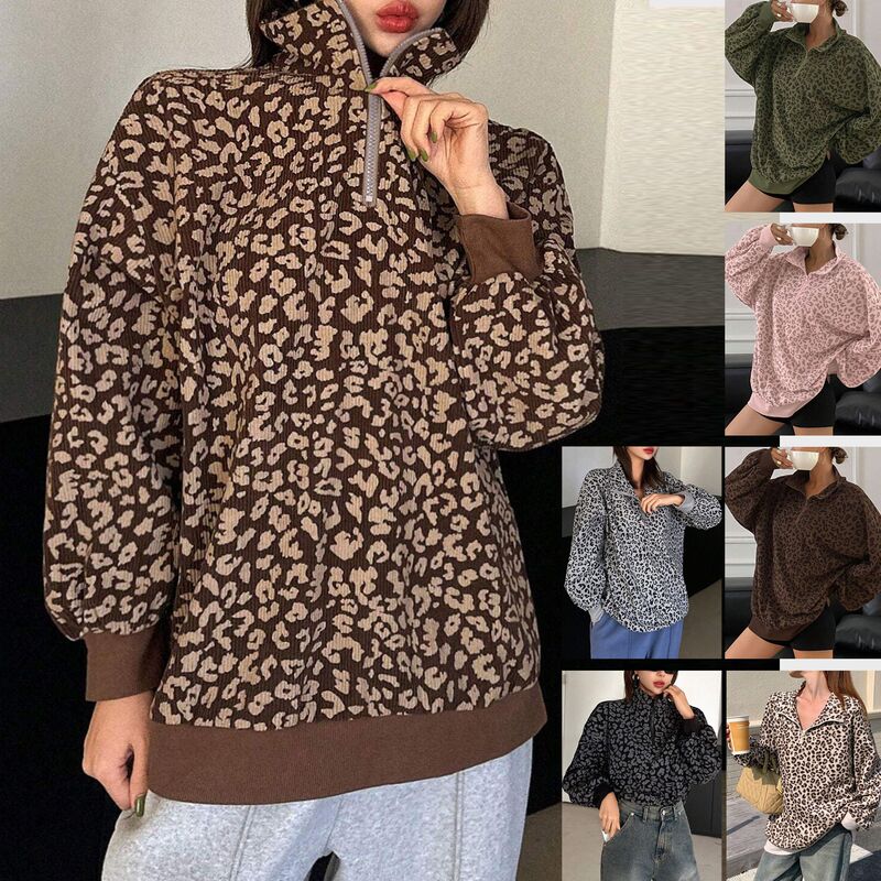 2025 Hot Style Amazon European and American Cross-Border Export Casual Sweatshirt New Leopard Print Long-Sleeved V Neck Zipper 2025 Hot Style Amazon European and American Cross-Border Export Casual Sweatshirt New Leopard Print Long-Sleeved V Neck Zipper
