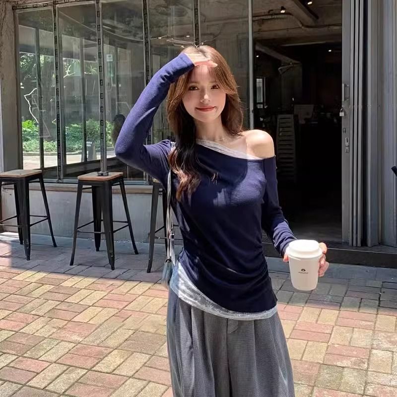 260g Custom-Made White Slanted Shoulder Lace Splicing Long-Sleeved T-Shirt for Women Early Autumn New One-Shoulder Inner Top