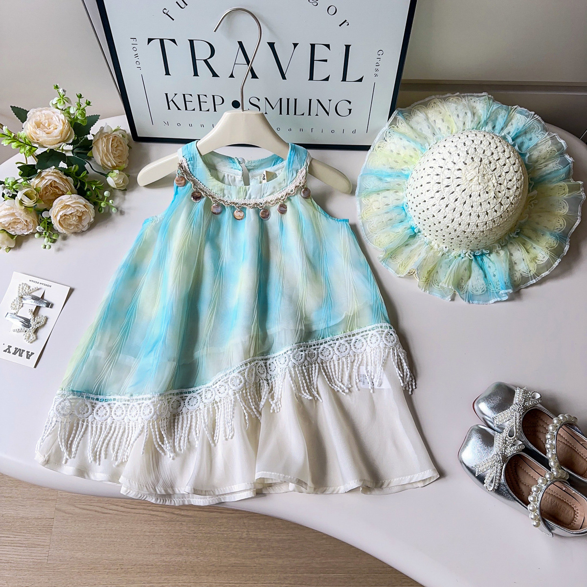 Girls Sleeveless Dress Summer New Baby Girl Bohemian Style Princess Vest Dress with Hat Axb727