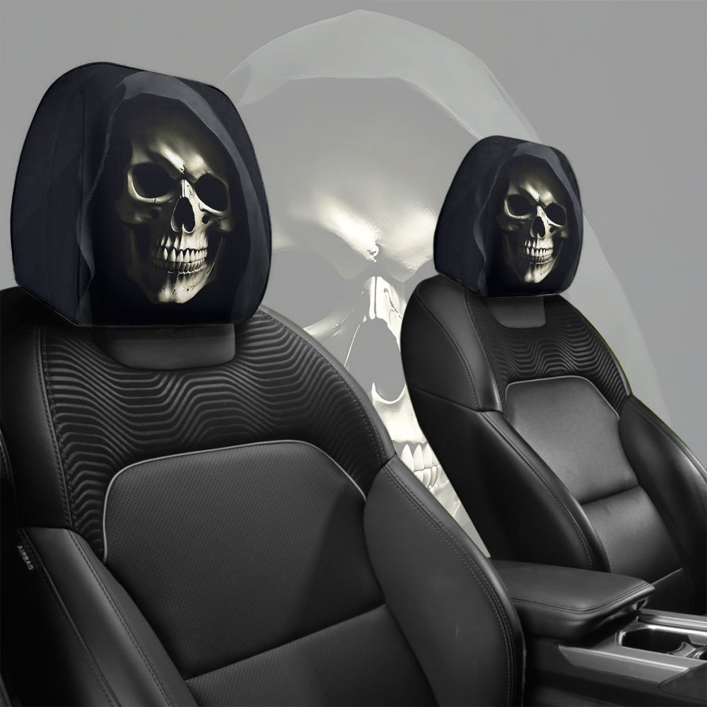 Car headrest cover with gothic death scythe dark-themed personalized print, universal for car interiors, can be customized with labels and made according to provided images