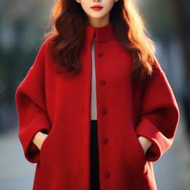 红色正肩呢子大衣女结婚秋冬高级感新年战袍气质立领毛呢外套外搭