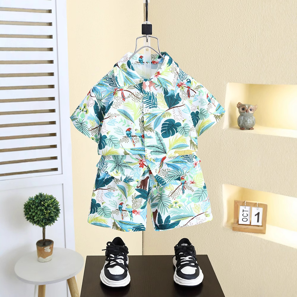 8091 traje de manga corta para niño 2025 nueva camisa de verano moda occidental hermosa ropa para niños de vacaciones en la playa