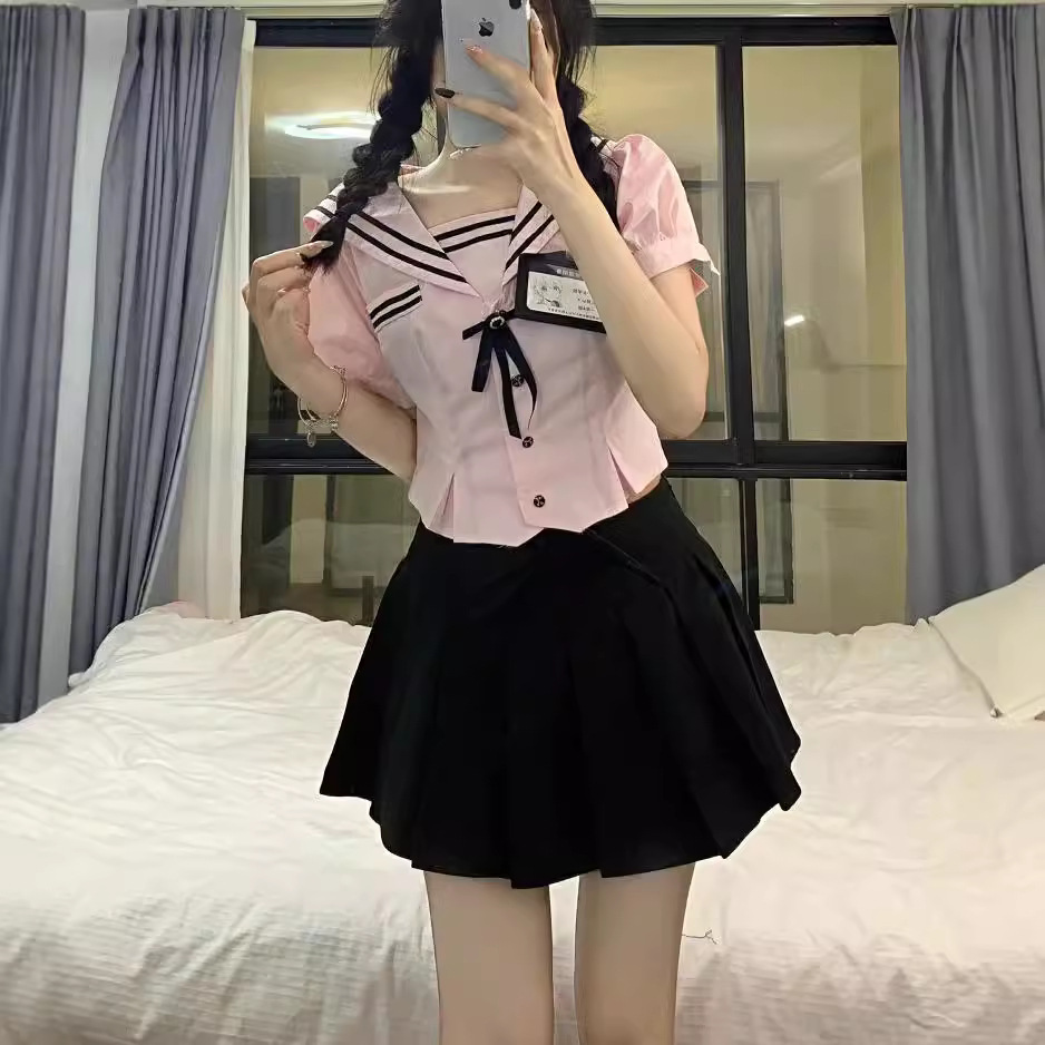 미국 JK 유니폼 세트 여자 여름 대학 스타일 퍼프 소매 셔츠 높은 허리 주름 치마 선원
