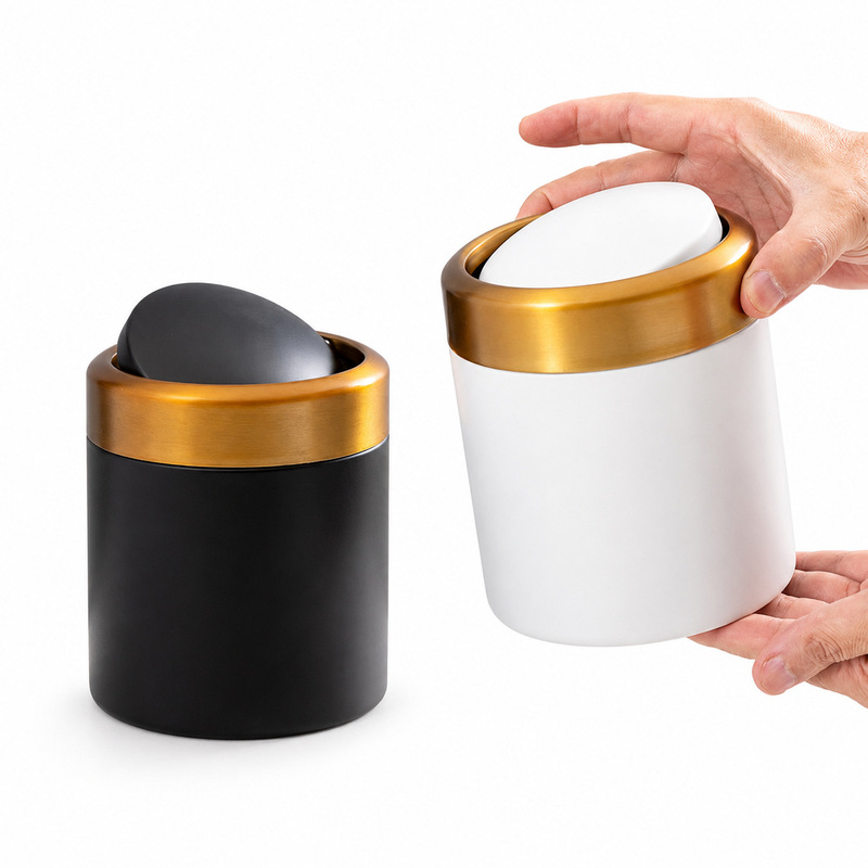 304 Stainless Steel Trash Can Desktop Mini Bathroom Black and White Bedroom Kitchen Flip-Top Storage Debris Waste Paper Basket