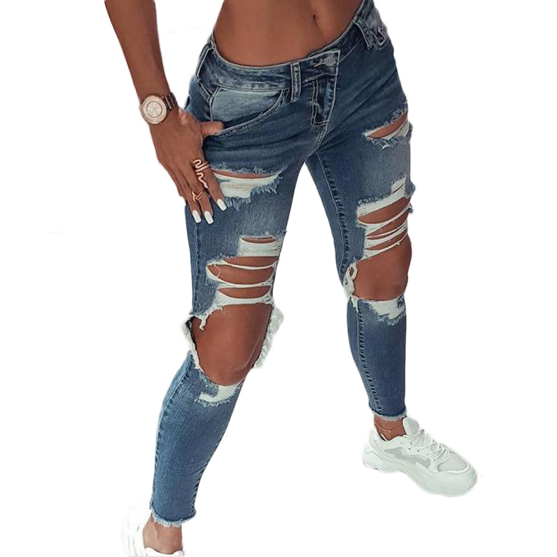 low waist washed elastic ripped jeans NSHM118840