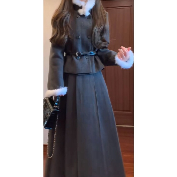 韩系气质小香风千金感毛领外套女秋冬高腰百褶半身裙套装甜美精致|undefined