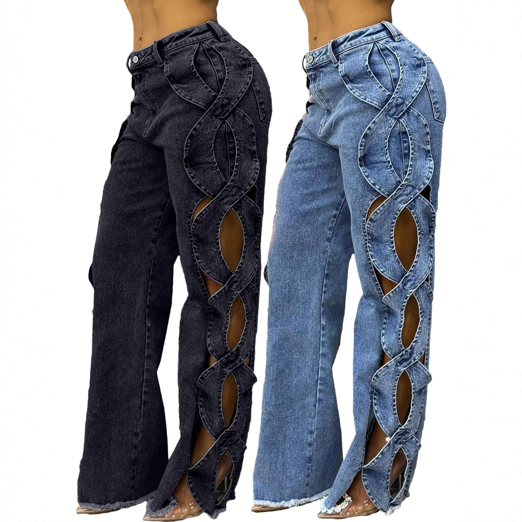 Women's Side Cutout S-Line Denim Pants – Edgy Patchwork Jeans With Distressed Details (Blue/Black-Gray, S-2XL)_mkmklike.com