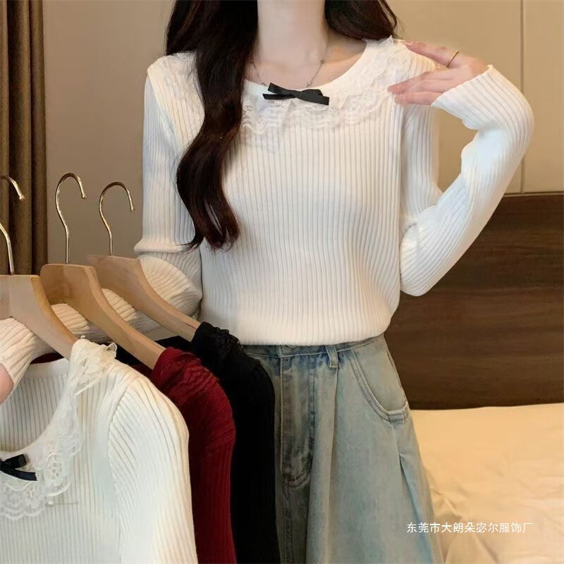 French Lace Splicing Slim Bow Hot Girl Slimming Pure Desire Bottoming Long-Sleeved Knitted Top French Lace Splicing Slim Bow Hot Girl Slimming Pure Desire Bottoming Long-Sleeved Knitted Top
