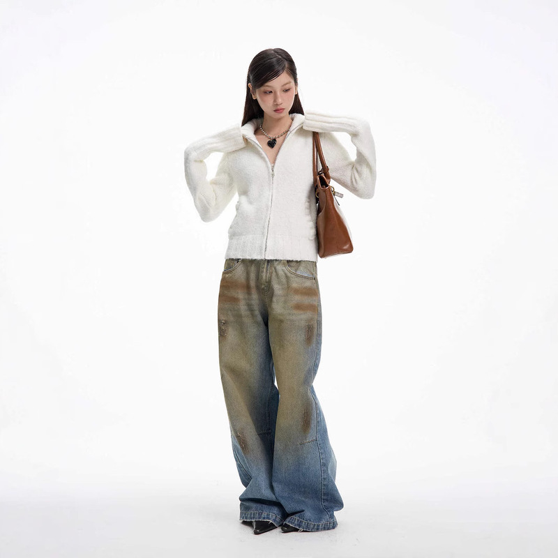 2025 New Season Design Retro Sexy Loose Casual Distressed Wide-Leg Washed Draped Straight Jeans