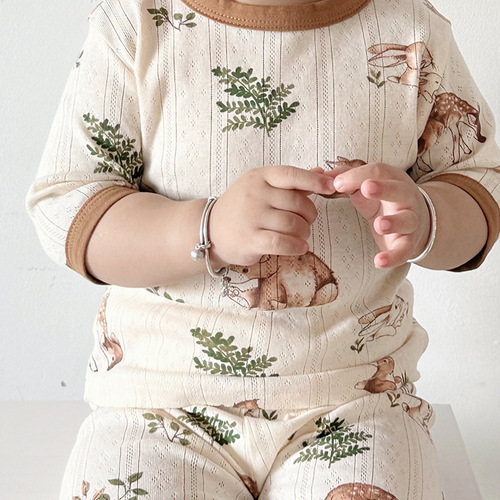 2024 Children's Pajamas Category A 100% Cotton Summer Children's Home Clothing Seven-Piece Set Baby Air Conditioning Pajama Set Lightweight