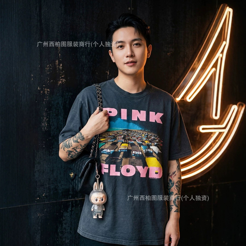 Pink British Psychedelic Rock Band Pink Floyd Record Album Cover Vintage Distressed Washed T-Shirt