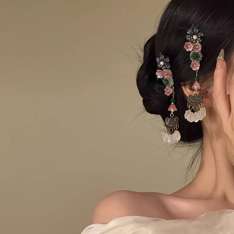 新中式花朵珍珠长流苏发夹侧边刘海夹新款复古汉服配头饰发卡女|undefined