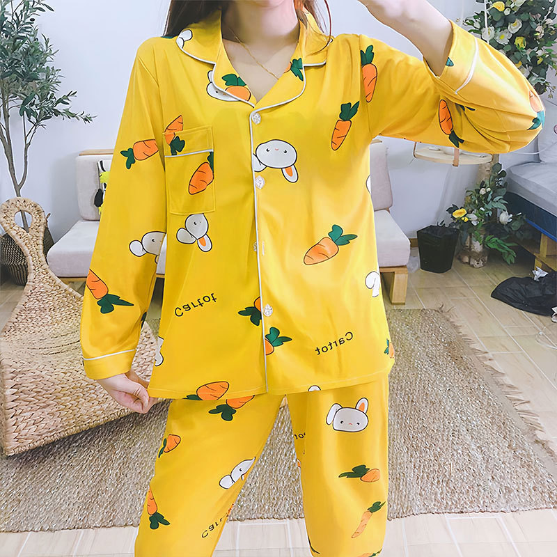 Japanese Pajamas Women's Spring and Autumn Long Sleeve Cardigan Cute Printed Radish Student Home Clothes suit Cross-border Southeast Asia