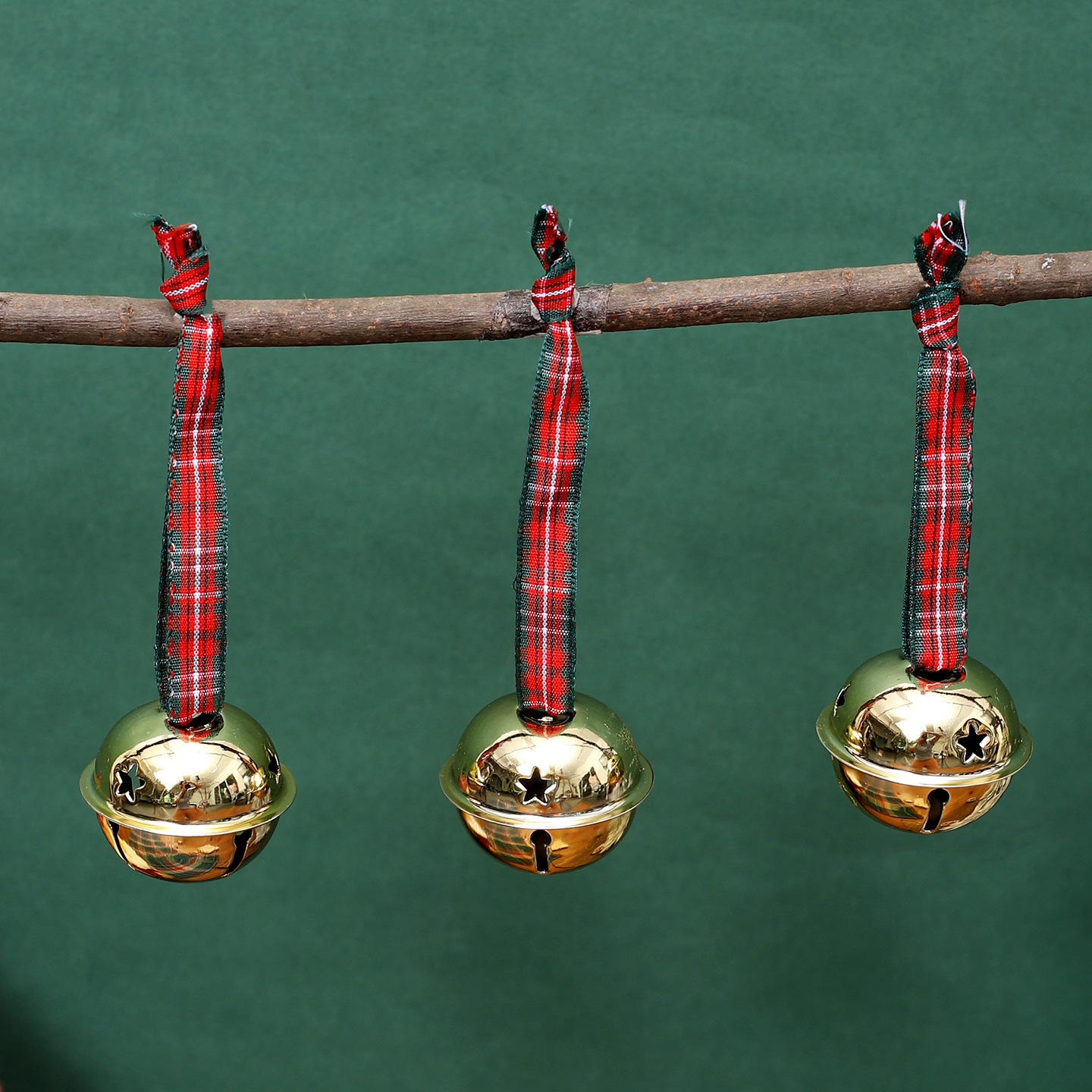 Metal bell Christmas tree ornament pendant with red and green plaid ribbon, silver bell holiday decoration, Christmas bell
