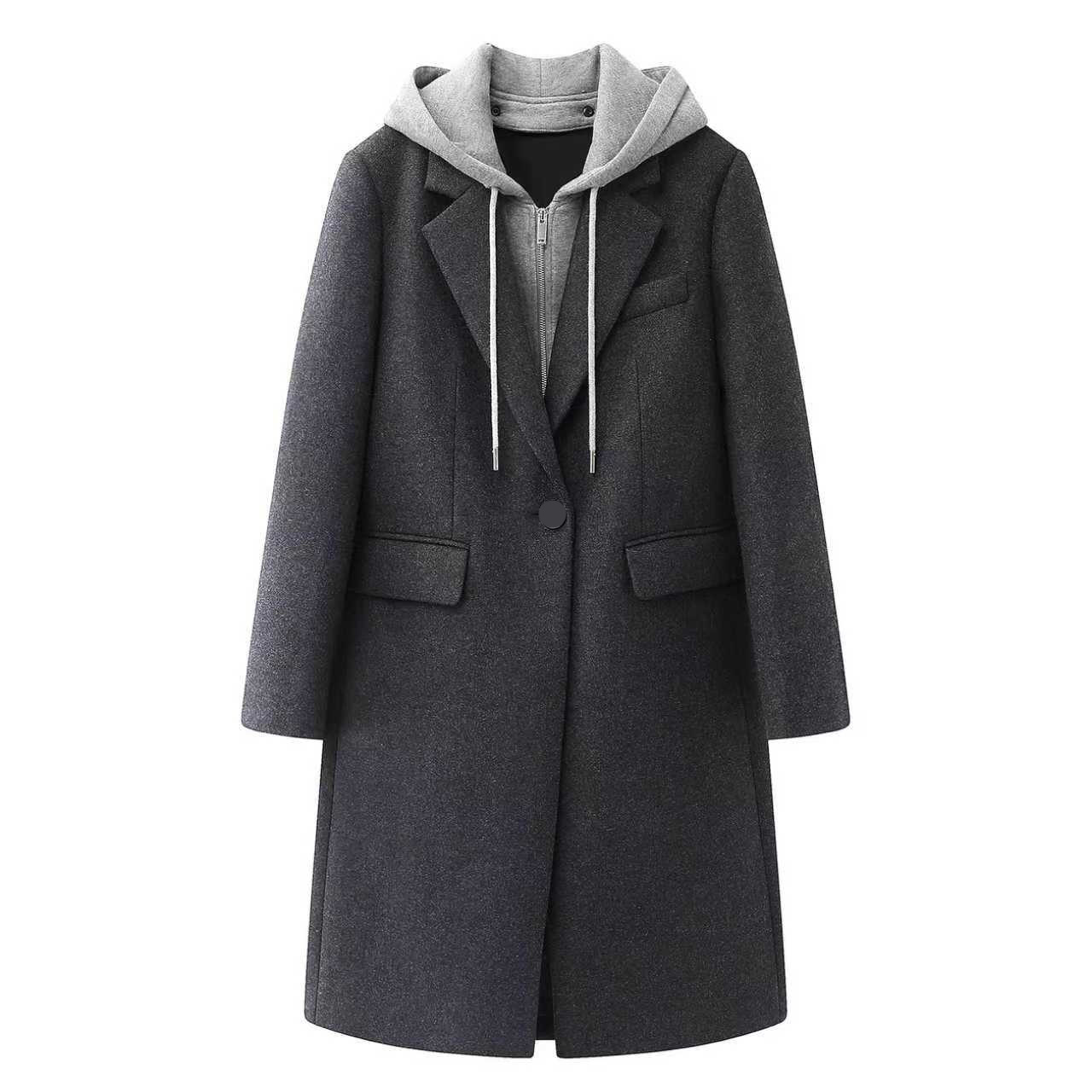 In Stock 2025 Winter New Loose-Fitting Hooded Woolen Coat with Fake Two-Piece Design Mbe4Ovc025
