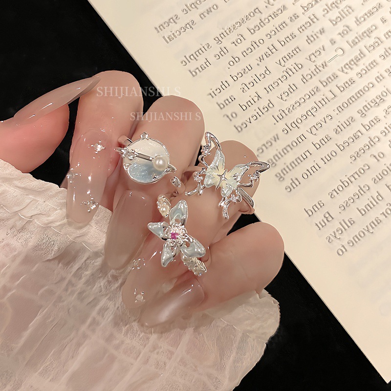 「Butterfly Love Oxygen」Korean-Style Cream Double-Layer Butterfly Open Ring for Women, Super Fairy Stackable Planet Temperament Index Finger Ring