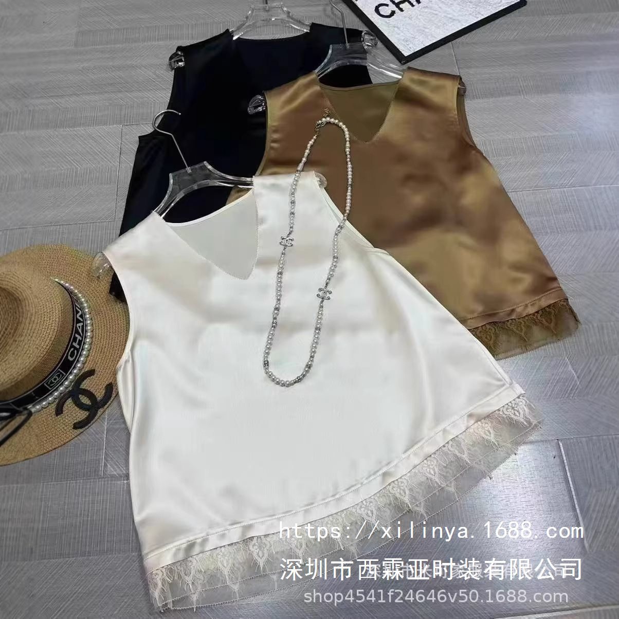 金辉醋酸缎面袖背心女夏季新款领外穿内搭拼接蕾丝打底衫