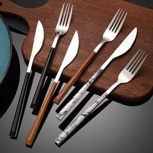 430韩风网红仿木柄不锈钢刀叉勺西餐刀叉 四件套咖啡勺礼品套装